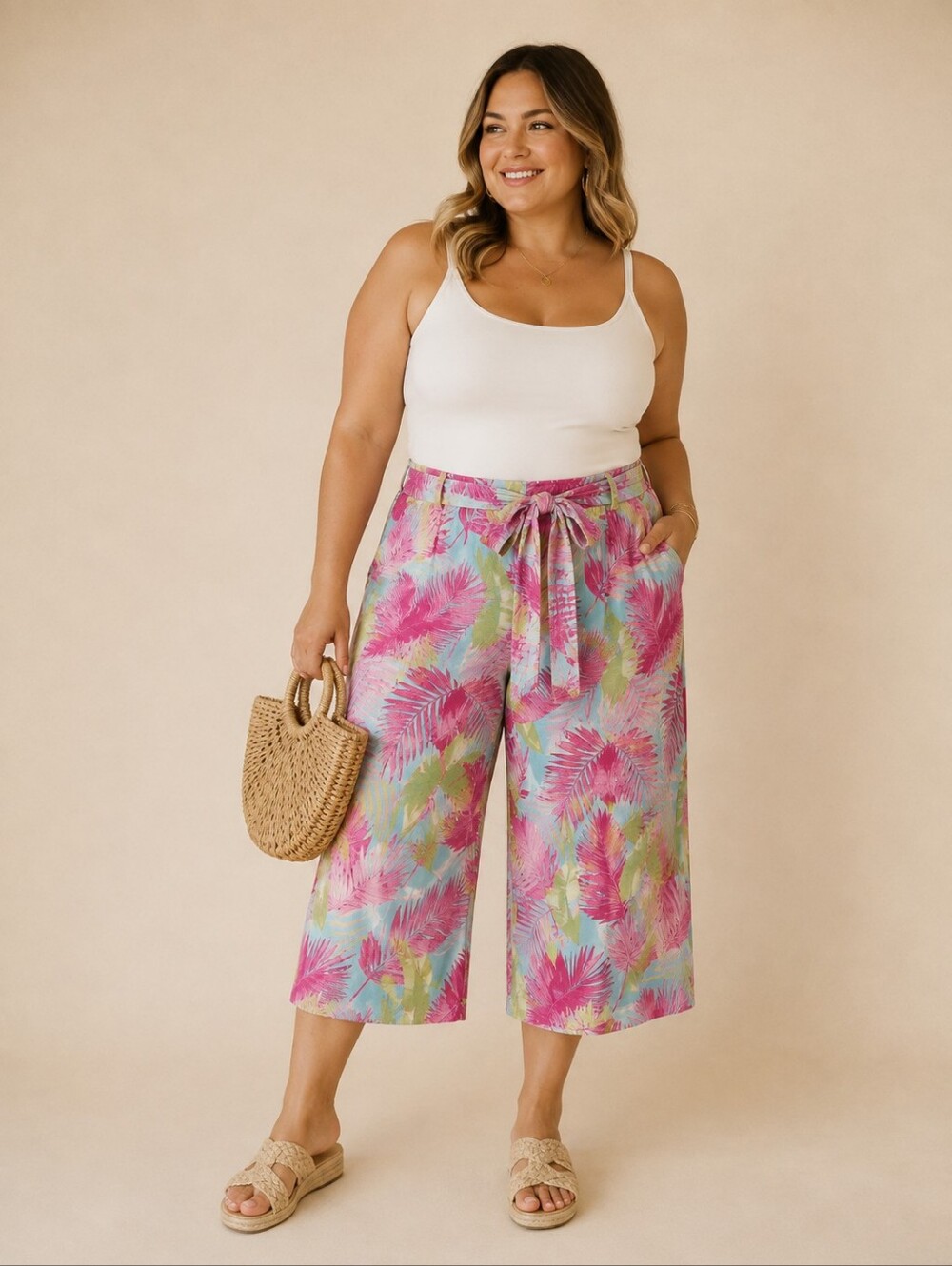 Lands' End Pink Tropical Tie-Waist Wide-Leg Cropped Pants